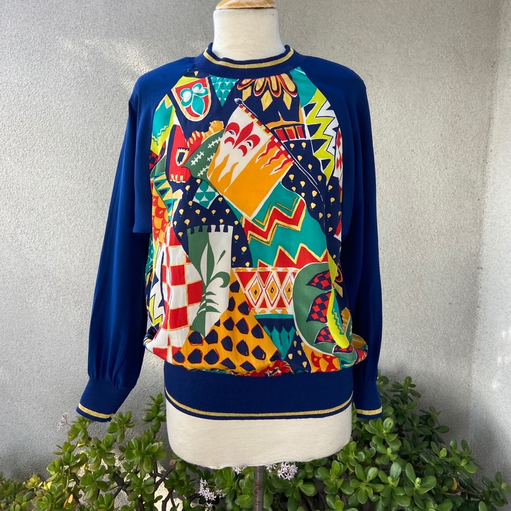Vtg 80s pullover top silk geometric print M
